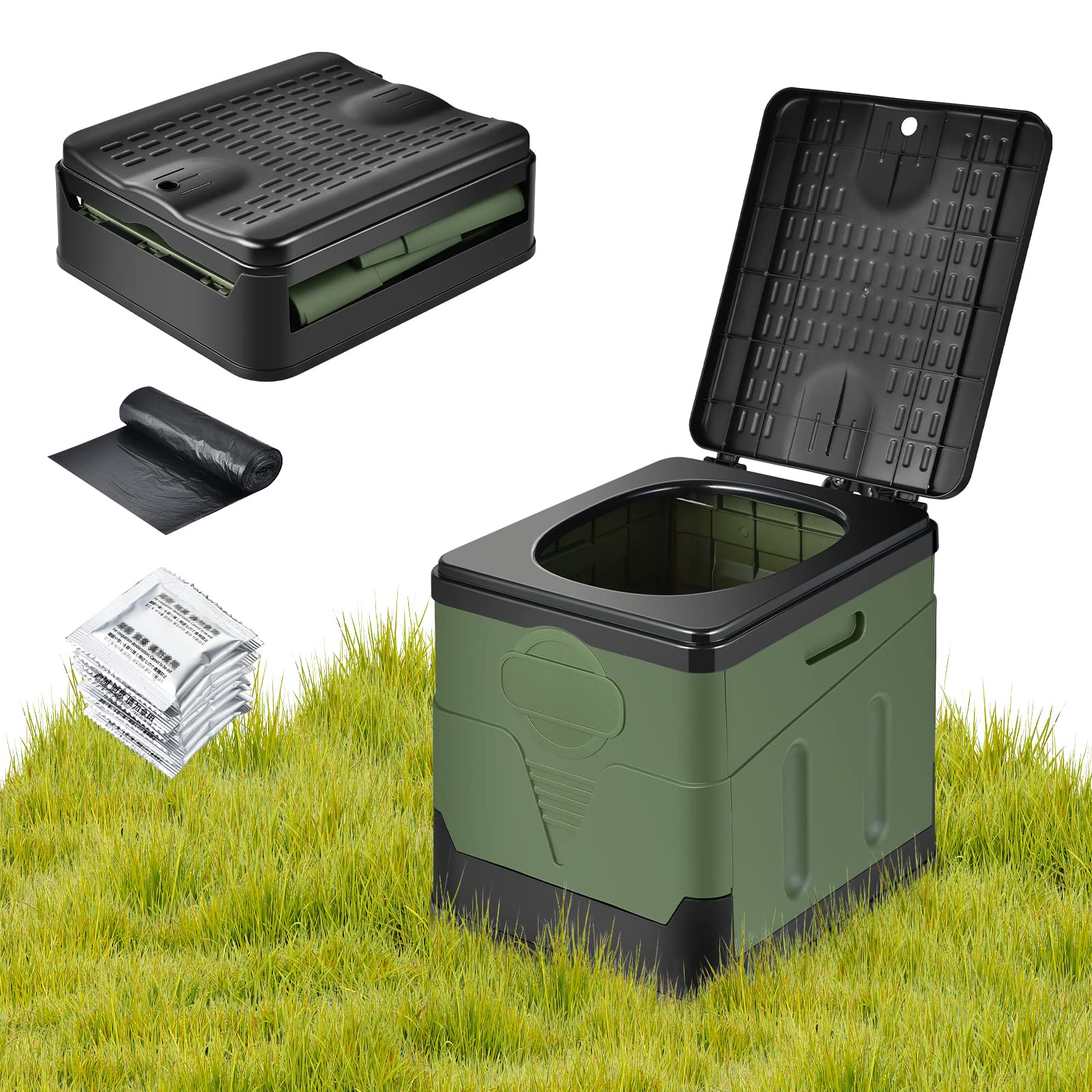 OTraki WC Portátil Plegable para Camping y Viajes – Inodoro Adultos con Tapa, Soporte hasta 150 kg y 12 Bolsas + Coagulantes