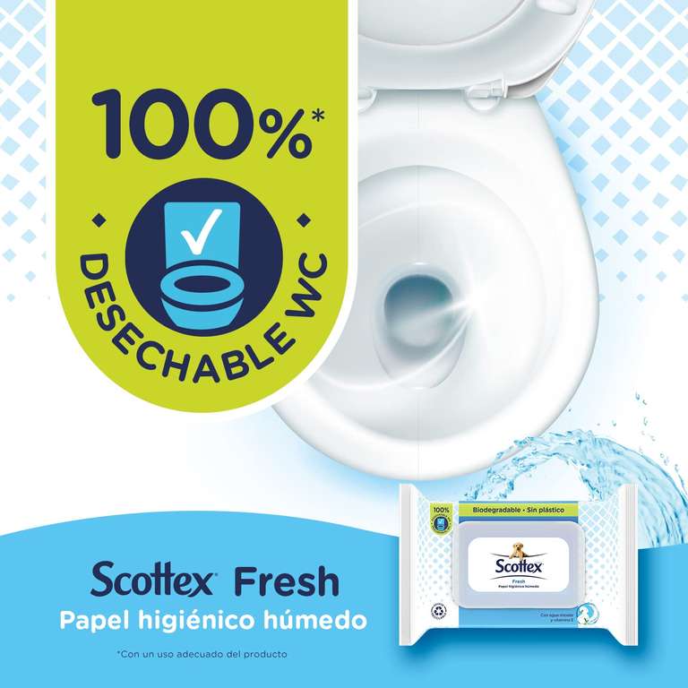 Scottex Papel Higiénico Húmedo Fresh con Agua Micelar y Vitamina E, pack x 2, 148 toallitas húmedas desechables por el WC (SOLO FRESH)