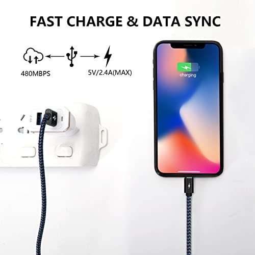 Pack de 3 Cables Lightning a USB [2M + 2M + 2M] Carga Rápida 2.4A - Cargador de iPhone y Ipad