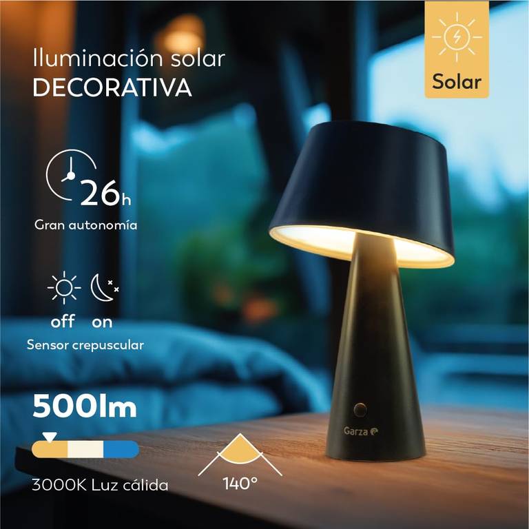 Garza Lámpara Solar LED 500lm, 3000K, Regulable – Carga Solar y USB-C, IP44