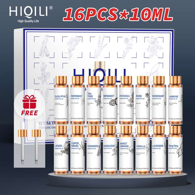 HIQILI - 16 Botellas 10ML - Juego de Aceites Esenciales, Aromaterapia 100% Nature (ENVIO DESDE ESPAÑA)