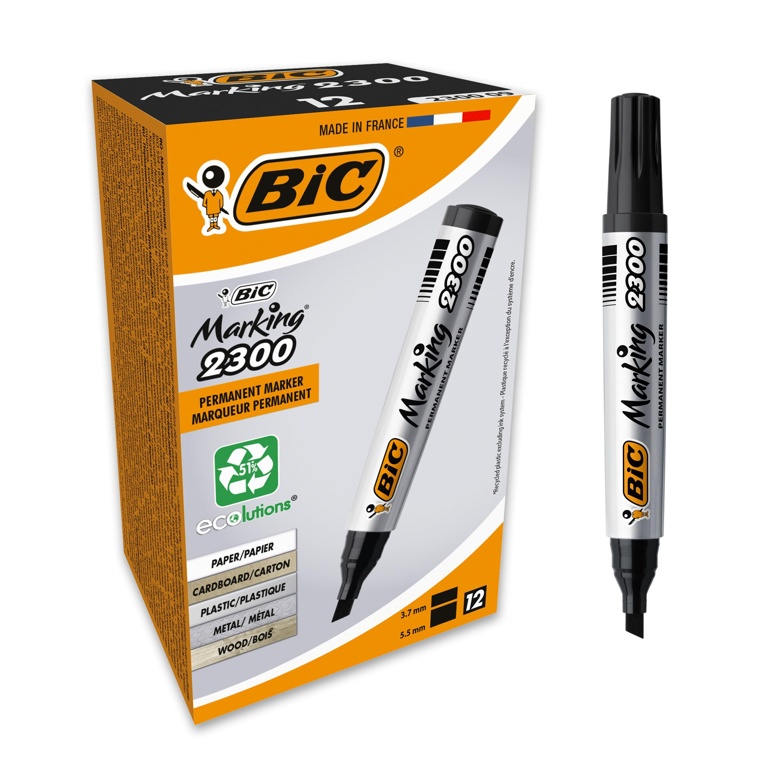 BIC Marking 2300 ECOlutions - Caja de 12 unidades, marcadores permanentes punta media biselada