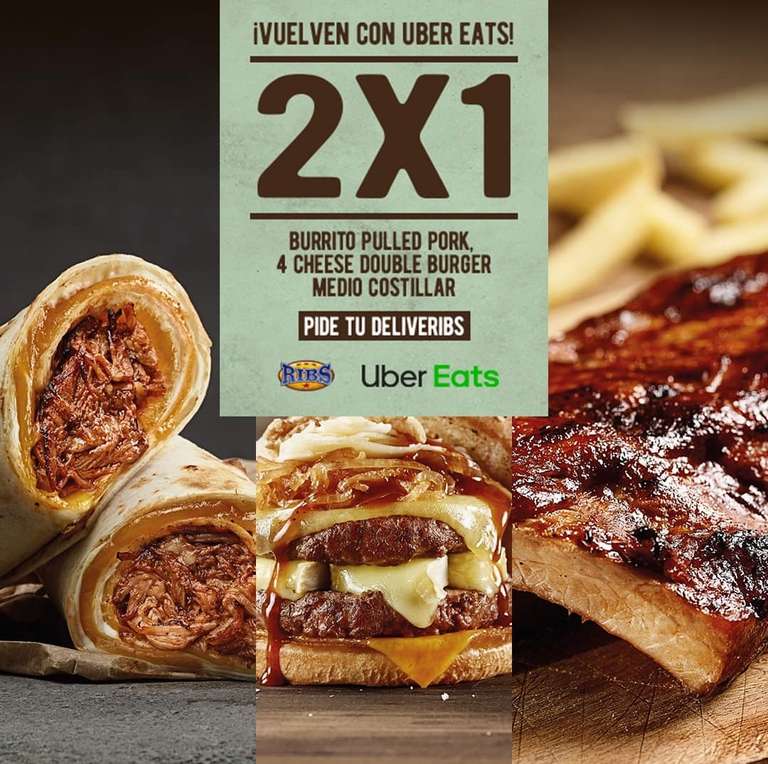 2x1 en burritos pulled pork, la 4 cheese double burger y medio costillar de Ribs pidiendo en Uber Eats