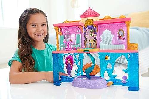 Mattel Disney Princess Minis Castillo de Ariel Casa de muñecas La Sirenita 2 pisos con figura, muebles y accesorios.