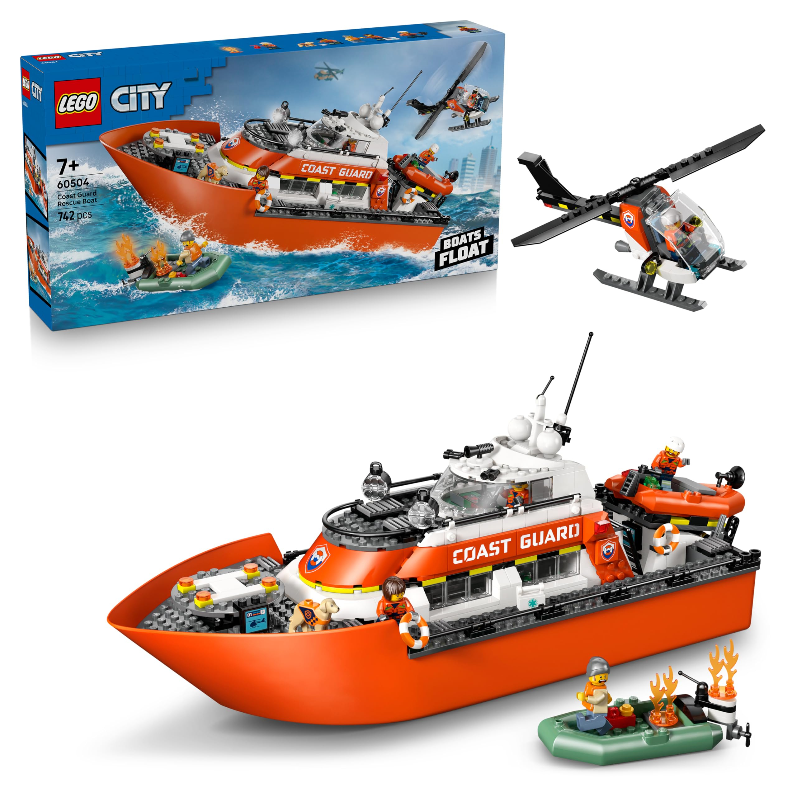 LEGO City Barco y Helicóptero de Rescate de Guardacostas (60504) (barco flotante, helicóptero, 6 minifiguras)