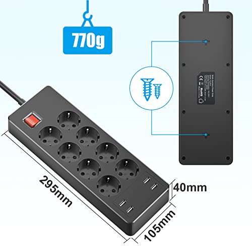 Regleta 8 Enchufes (4000W / 16A) con Interruptor + 4 USB Smart IC ((2,4A / 12W). Protección sobretensión e infantil / Cable 1,5 m.