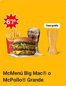 McMenú Big Mac o McPollo grande por 6,50€ + vaso Coca-Cola gratis en McDonald's (oferta válida en pedidos en restaurante)