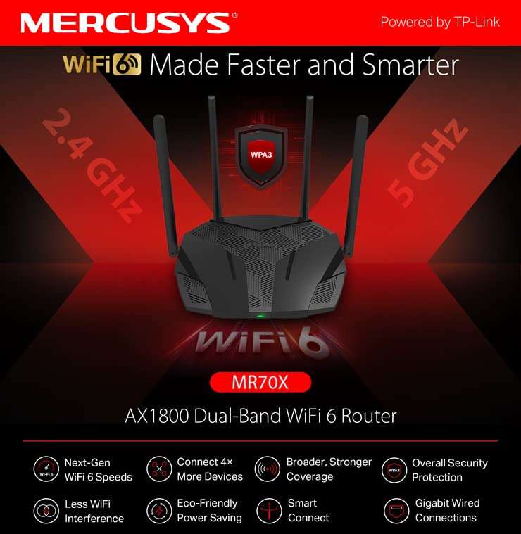 Router AX1800 WiFi 6 Mercusys MR70X con Tecnología BSS Coloring, TWT, WPA3 y 4 Antenas 5dBi