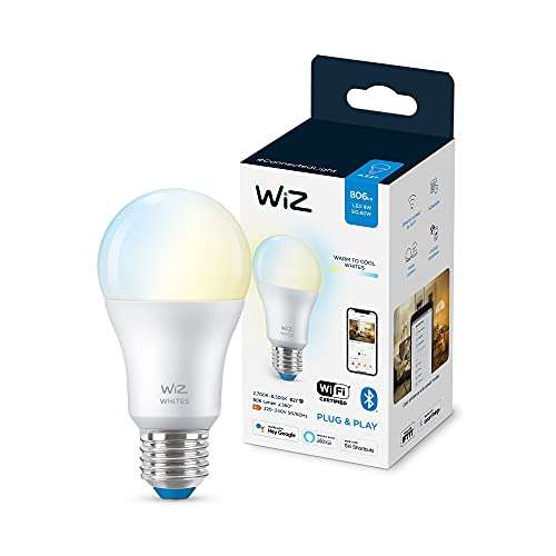 Wiz - Bombilla Inteligente, Led E27, 60 W, Wi-Fi Bluetooth, Luz Blanca Cálida a Frio Regulable, Compatible con Alexa y Google Home
