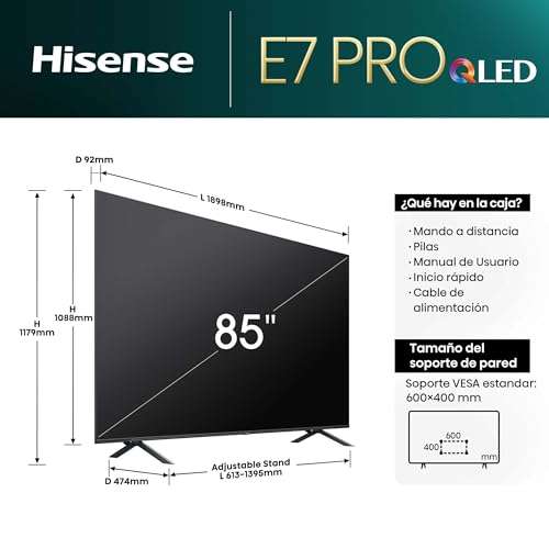 Hisense 85E7NQ - Pro QLED Gaming TV, 85" , VRR 144Hz HSR 240 fps, AMD Freesync Premium Pro, Dolby Vision IQ & Dolby Atmos (Nuevo 2024)