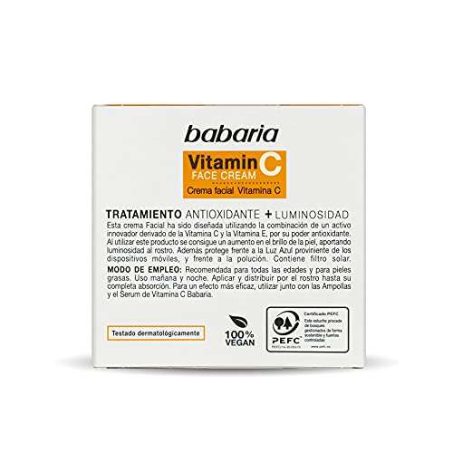 Babaria - Crema Facial con Vitamina C y E, Tratamiento Antioxidante y Protector, Aporta Luminosidad, Apto para Pieles Grasas, Vegano - 30 ml