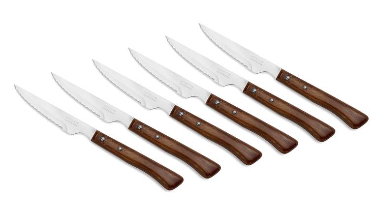 Arcos Juego 6 Cuchillos carne. Paquete Cuchillos chuleteros con filo de perla para cortar y filetear . Acero Inoxidable y mango madera haya.