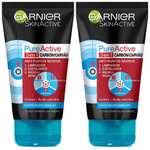 2 x Garnier Skin Active - Pure Active, Gel Limpiador de Poros y Exfoliante Facial con Carbón 3 en 1, 150 ml [Unidad 2'75€]