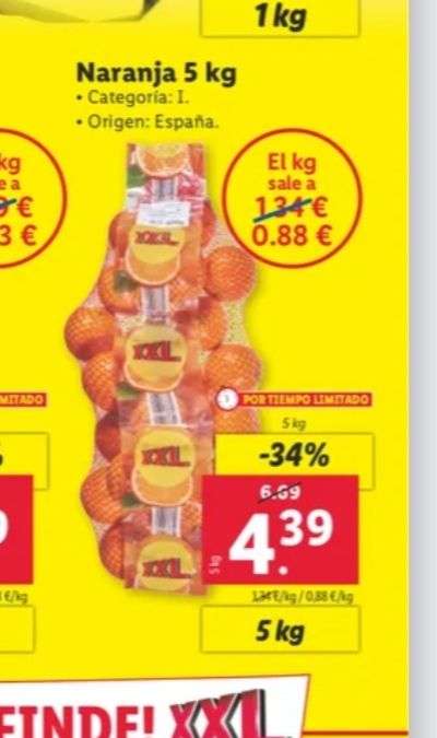 5 kg de naranjas por 4.99€ (0.88€ el kilo) (En Lidl)