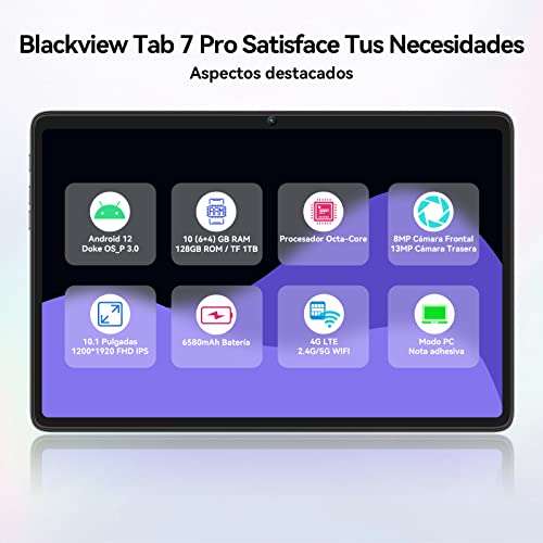 Blackview Tablet 10 Pulgadas Android 12 Tab 7 Pro 10GB RAM + 128GB ROM(1TB TF), Dual 4G LTE + 5G WiFi, Octa Core, Batería 6580mAh