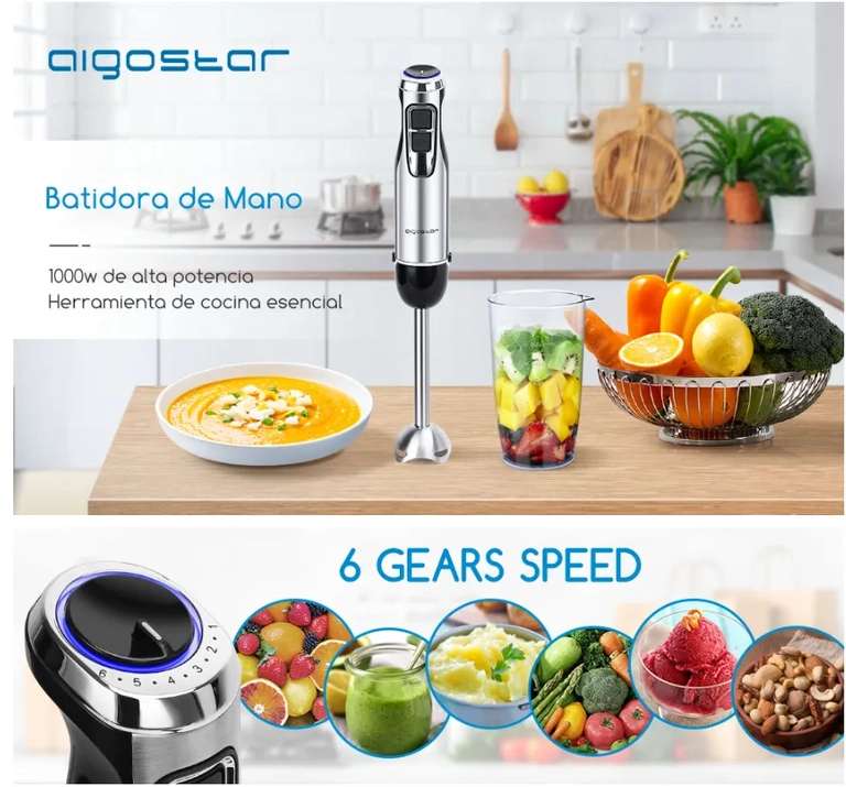Aigostar Mixmaster - Batidora Mano, 1000 W, 4 Cuchillas de Acero Inoxidable + 304 vaso medidor 600ml (nuevo usuario)