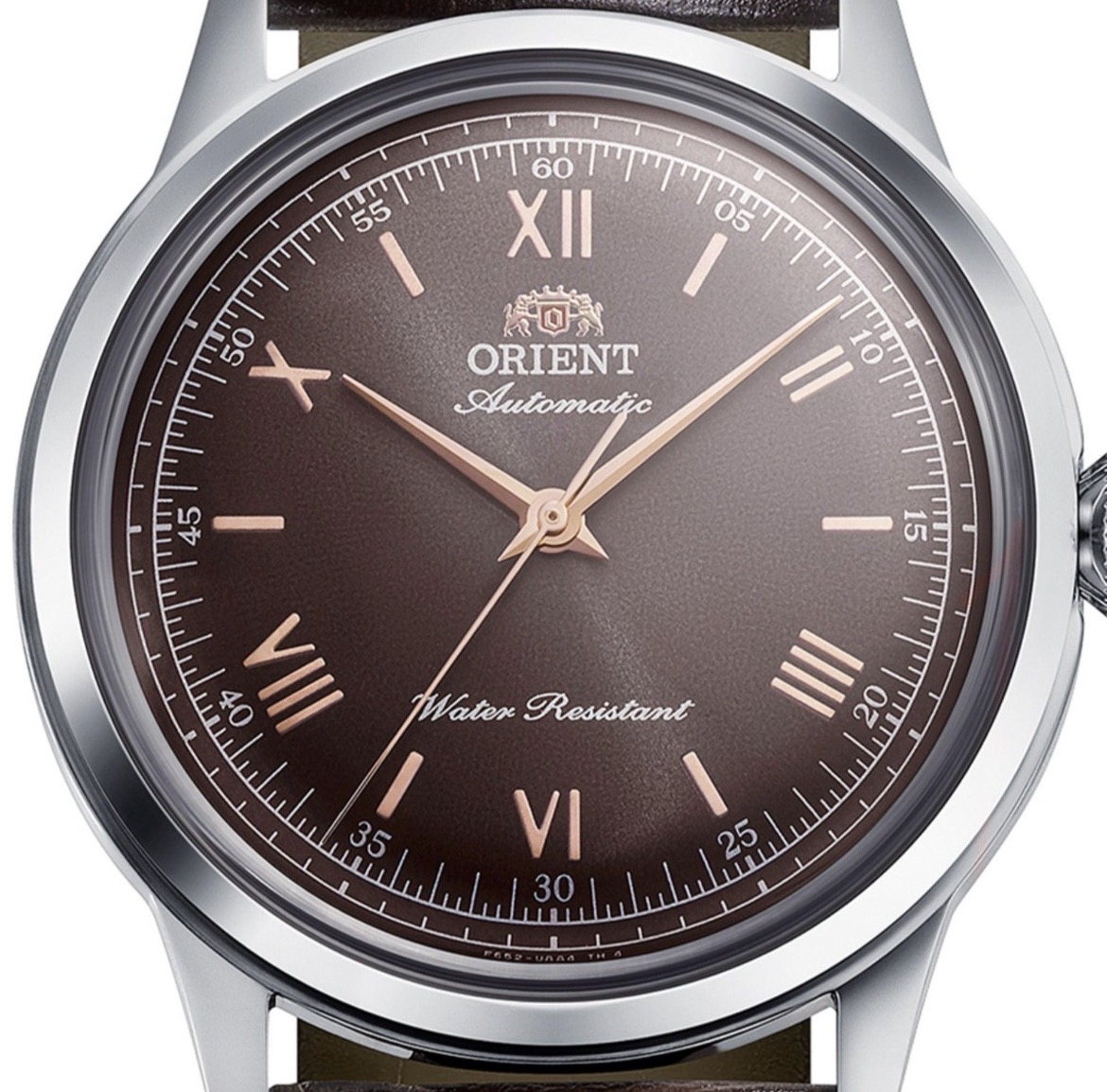 Orient Bambino automático de 38 mm con esfera marrón y detalles oro rosado