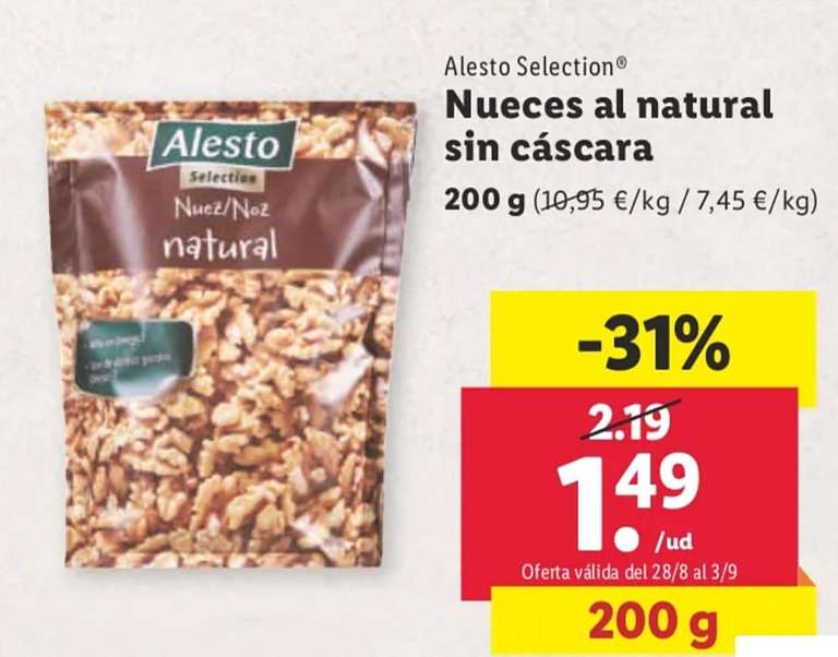 Nueces al natural sin cáscara 200g por 1,49€ en Lidl