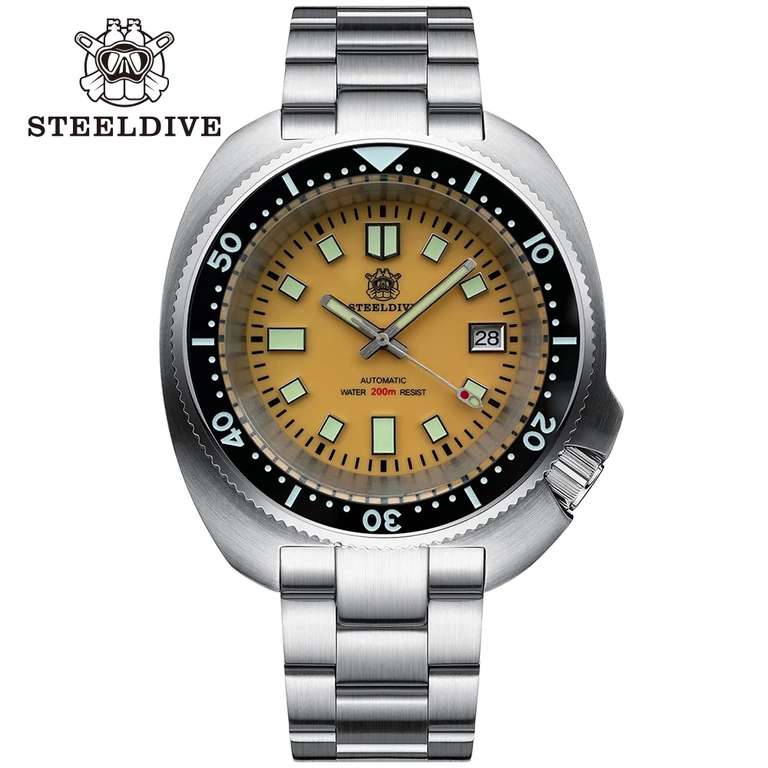 STEELDIVE-Reloj de buceo SD1974, esfera amarilla, bisel de cerámica negra, súper luminoso, NH35, automático, 200m, cierre de molido, novedad