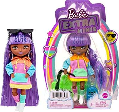 Barbie Extra Mini Pelo morado Muñeca pequeña con look colorido, accesorios de moda y soporte, juguete