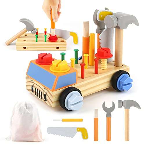 Camión Juguete de madera y Herramientas con Bolsa de Almacenamiento, Montessori (29 Piezas)