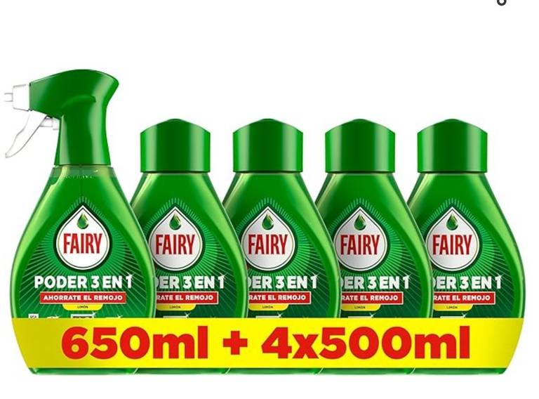 Fairy Pack Poder Sin Remojo Limón Spray 650ml + 4 Recambios 500ml, Antigrasa y Limpieza Rápida para Vajilla y Cocina