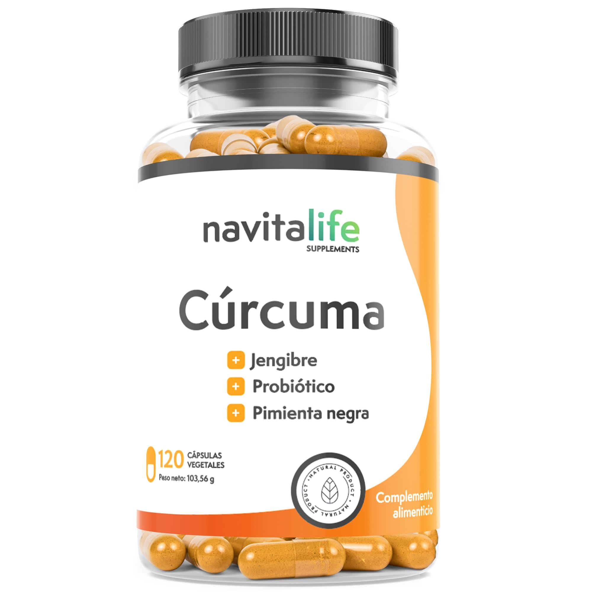 Cúrcuma 1360 mg + Probióticos + Jengibre + Pimienta negra. Alto porcentaje Curcumina. Alta biodisponibilidad. Acción natural dolor muscular