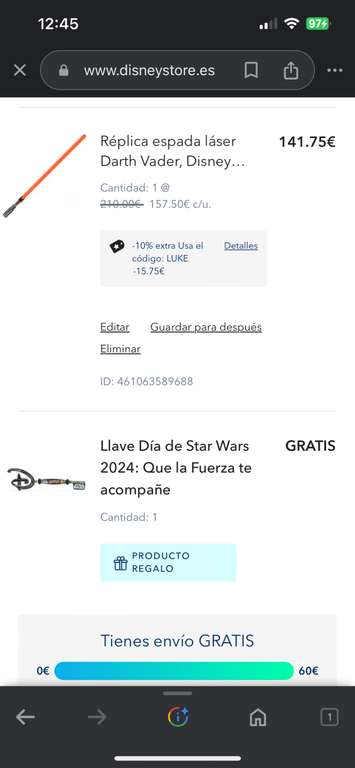 Espada láser Anakin Skywalker Disney y llave de regalo