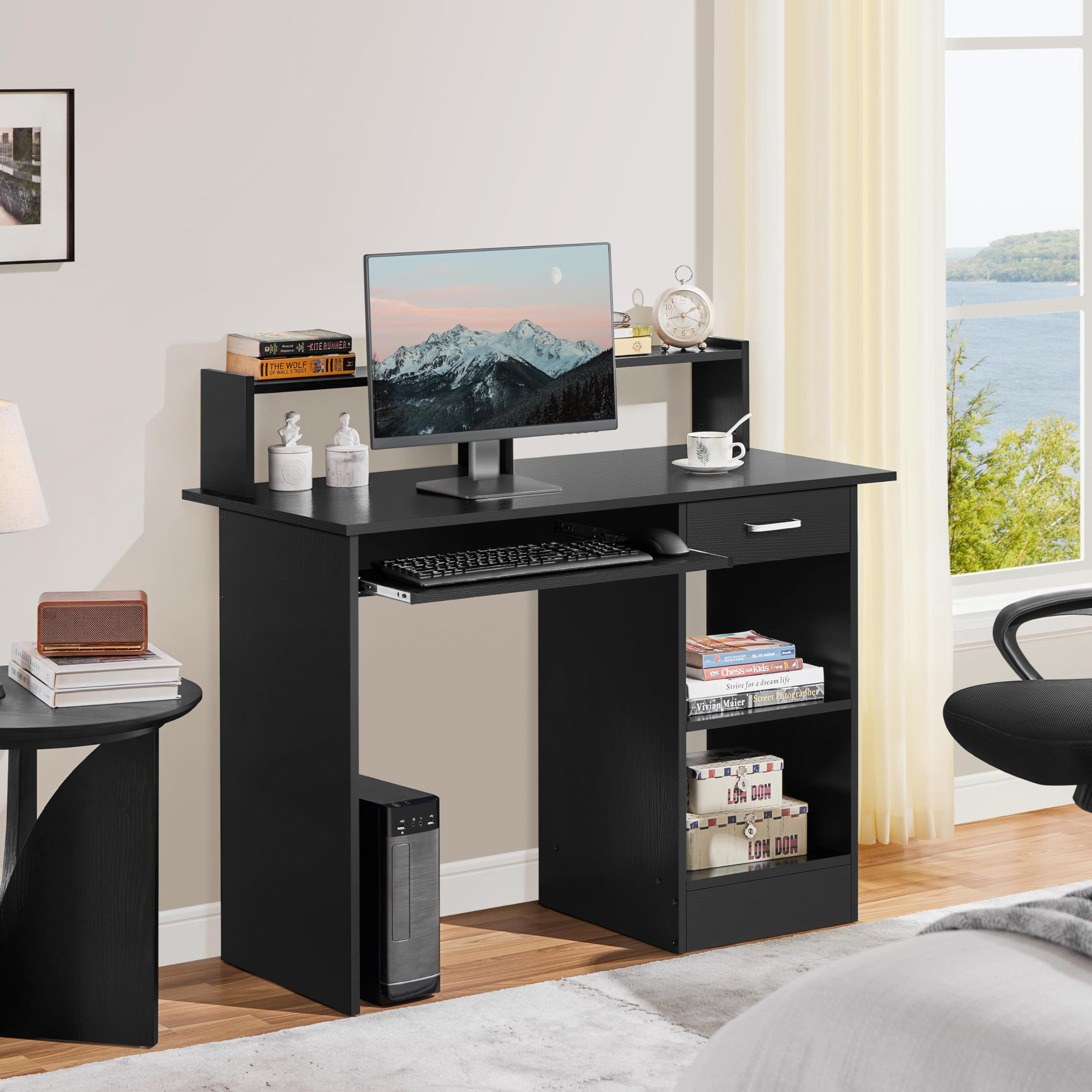 Mesa Escritorio con Soporte de Monitor para Oficina Despacho Mesa de Ordenador Mesa de Estudio con Cajón Estantes Negro 106 x 50 x 75 cm
