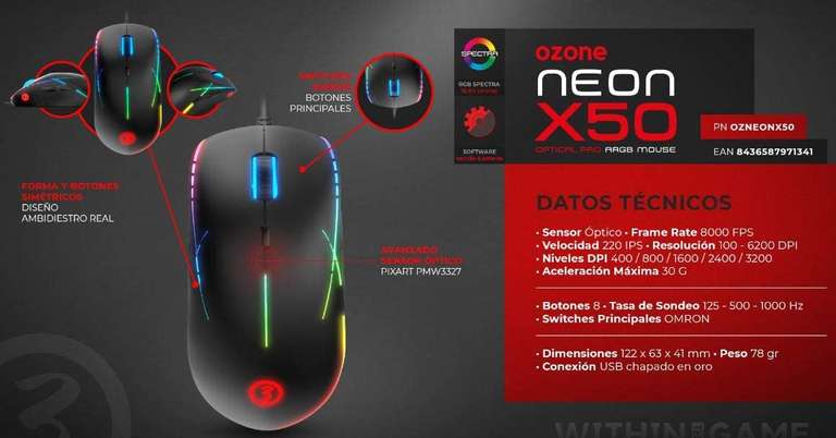 Ozone Ratón Neon X50 - Sensor Óptico Pixart PMW3327, ARGB, 6200 dpi, Botones Programables, Ambidiestro, Ergonómico - Amazon Iguala