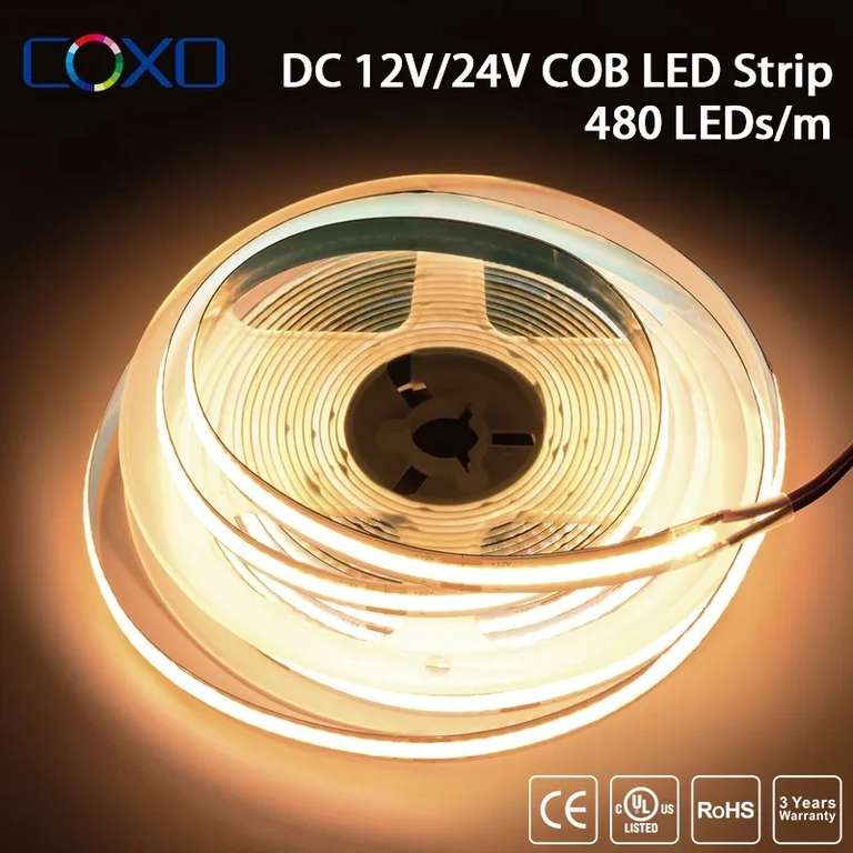 Tira de luces LED COB con certificación UL 320 480 LEDs/m 16.4ft Cinta de cinta flexible de alta densidad 3000-6500K RA90 Luces LED regulabl