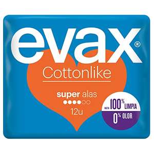 Evax Cottonlike Compresas con Alas, Super, 12 Unidades, 100% Limpia y 0% Olor