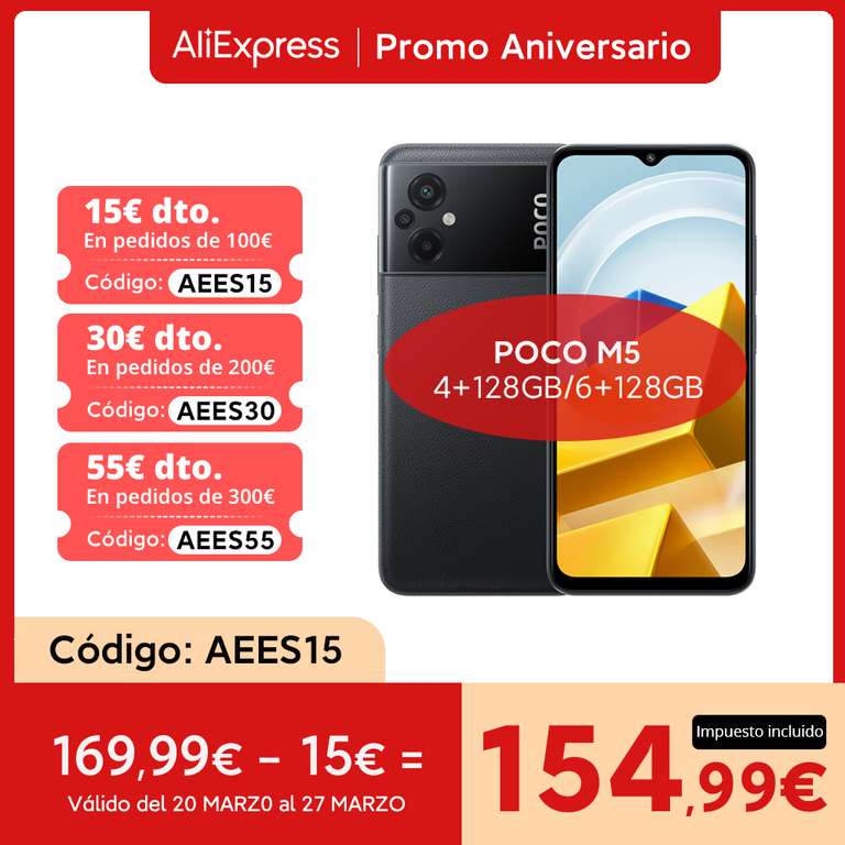 Xiaomi-Smartphone POCO M5, Versión Global 4GB+128GB (6GB+128GB por 158,59€ ) desde España)