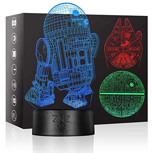 3D LED Star Wars Luz de noche, Lámpara de ilusión Death Star + R2-D2 + Millennium Falcon, Tres patrones y 16 colores