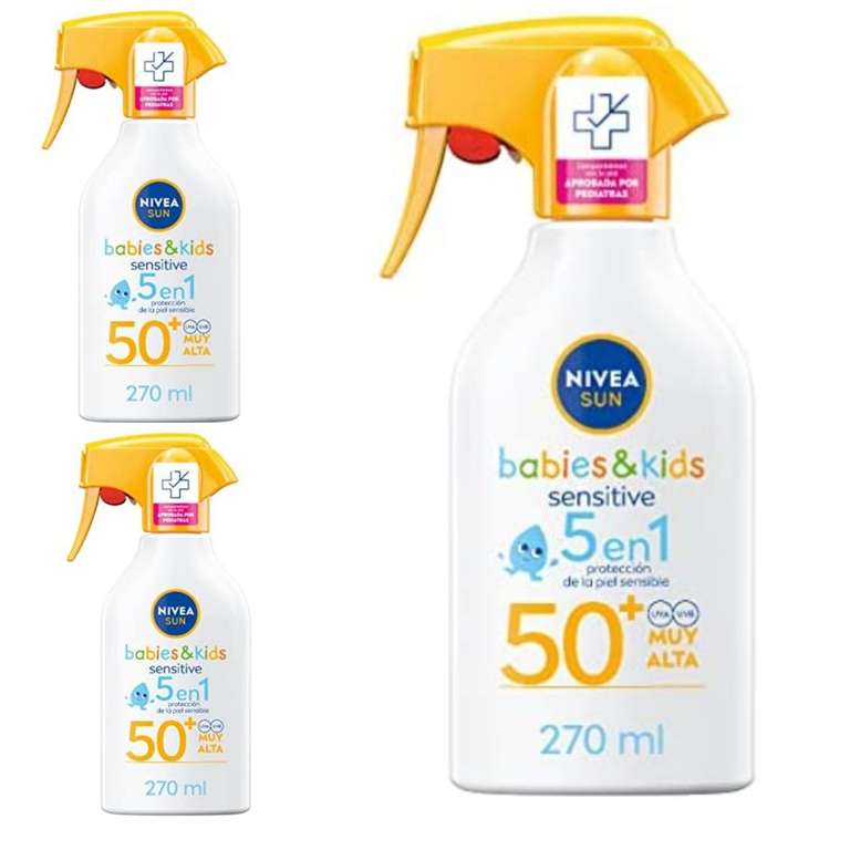 3 X NIVEA SUN Babies & Kids Sensitive Spray FP50+ (1 x 270 ml), spray solar extra resistente al agua para piel sensible (6.47UD) 3 X 2