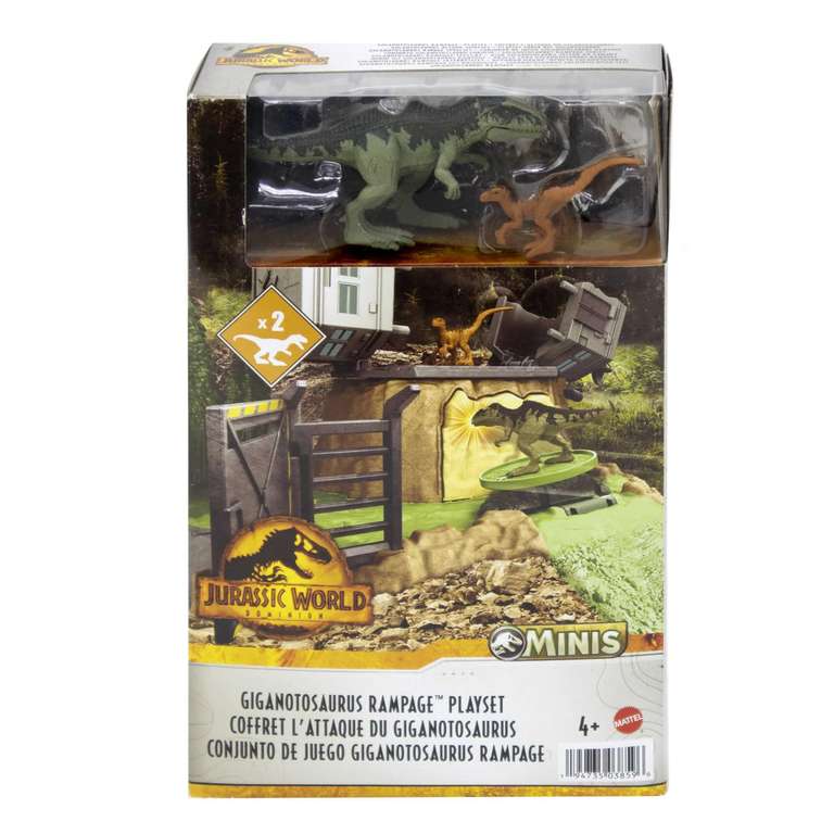 Jurassic World Minis Set de juego, Ataque del dinosaurio gigante, Dinosaurio con accesorios, +4 años (Mattel HFF12)