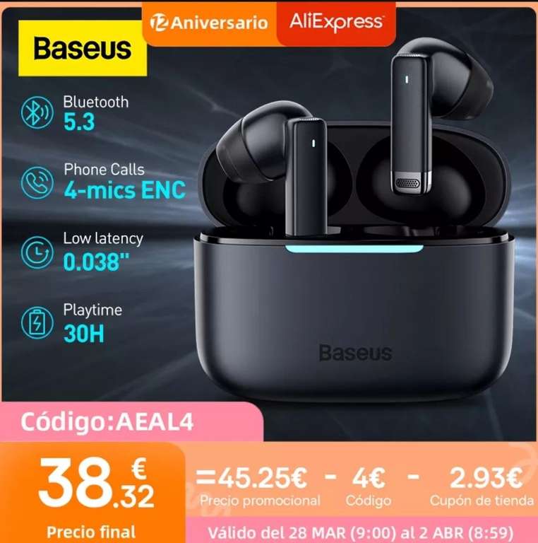 Baseus Auriculares inalámbricos Bowie E9 con Bluetooth 5,3, dispositivo de audio con 4 micrófonos, con cancelación de ruido, HiFi
