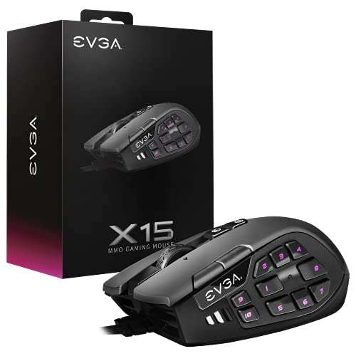 EVGA X15 MMO Gaming Mouse, 8k, Wired, Black, Customizable, 16,000 dpi, 5 Profiles, 20 Buttons