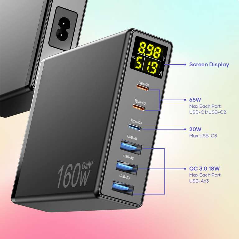GaN-estación de carga rápida USB C, cargador de escritorio de 6 puertos,  160W, PPS, PD
