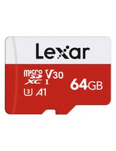 Lexar Tarjeta Micro SD de 64 GB, Tarjeta Micro SD de hasta 100 MB/seg, Tarjeta de Memoria microSDXC con Adaptador SD, A1, U3, C10, V30