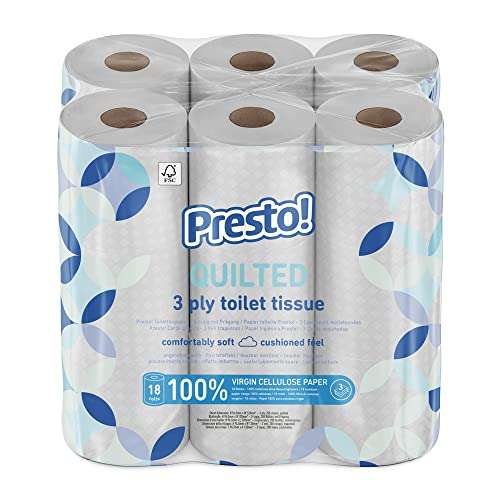 Marca Amazon - Presto! Papel higiénico de 3 capas ACOLCHADO- 18 rollos- Diseño: Joya