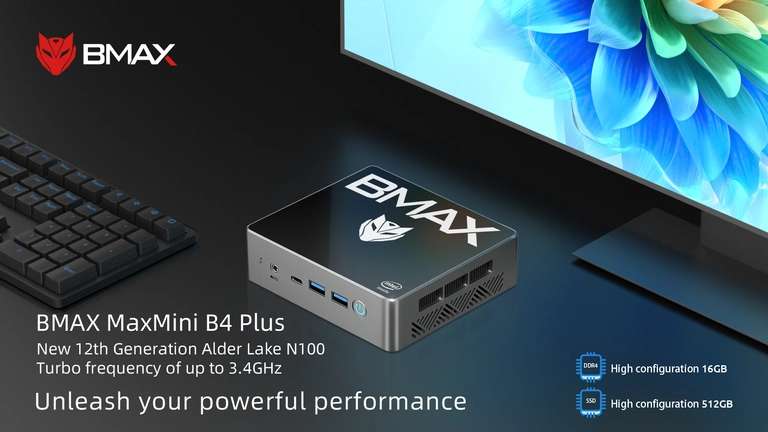 BMAX-Mini PC B4 Plus, Windows 11, Intel N100, 16GB, DDR4, 512GB, SSD, 2 x HDMI, 1 x tipo C, compatible con gráficos 4K @ 60Hz