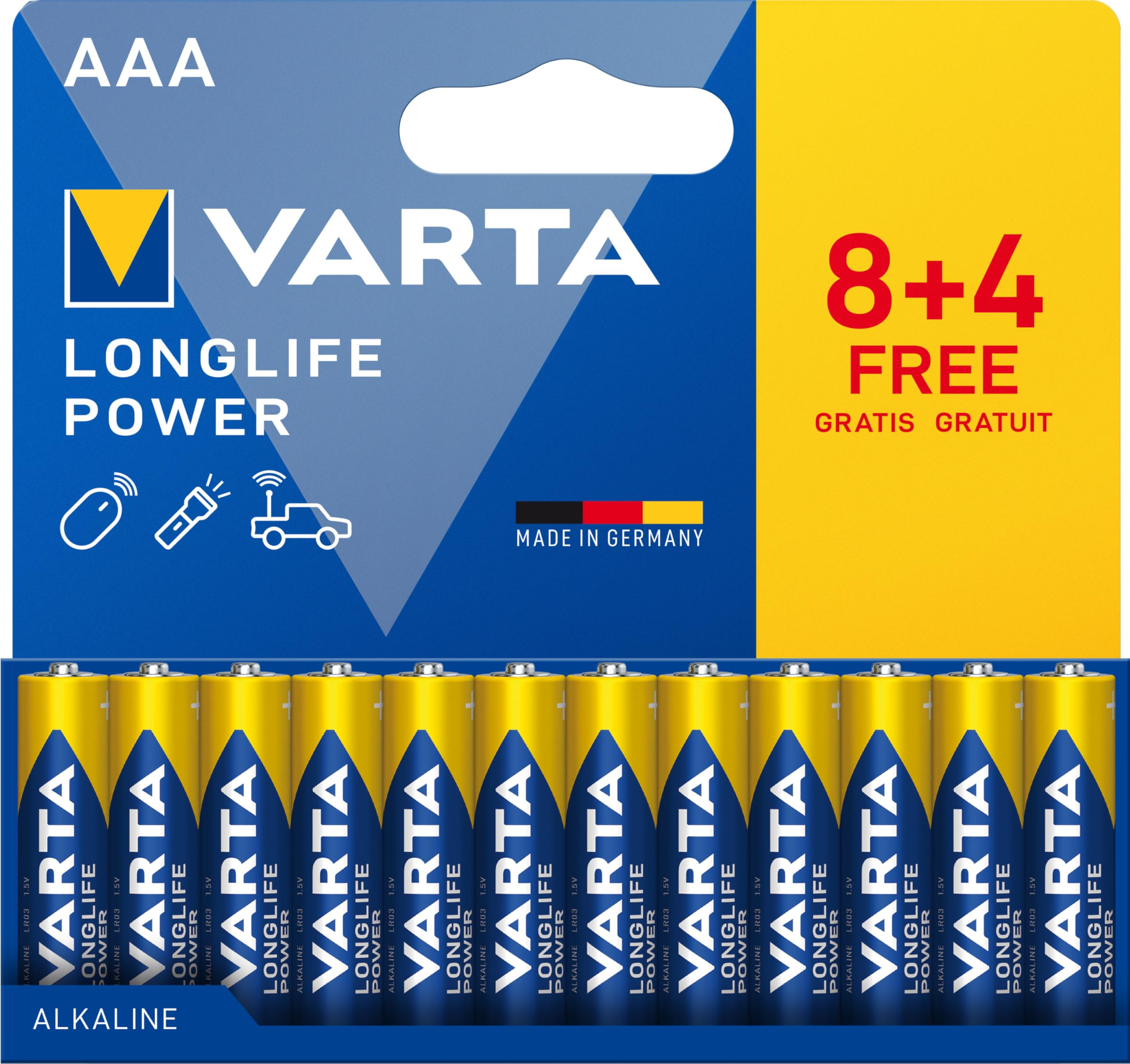 VARTA Pilas AAA, Pack de 12 (8+4), Longlife Power, alcalinas, 1,5 V