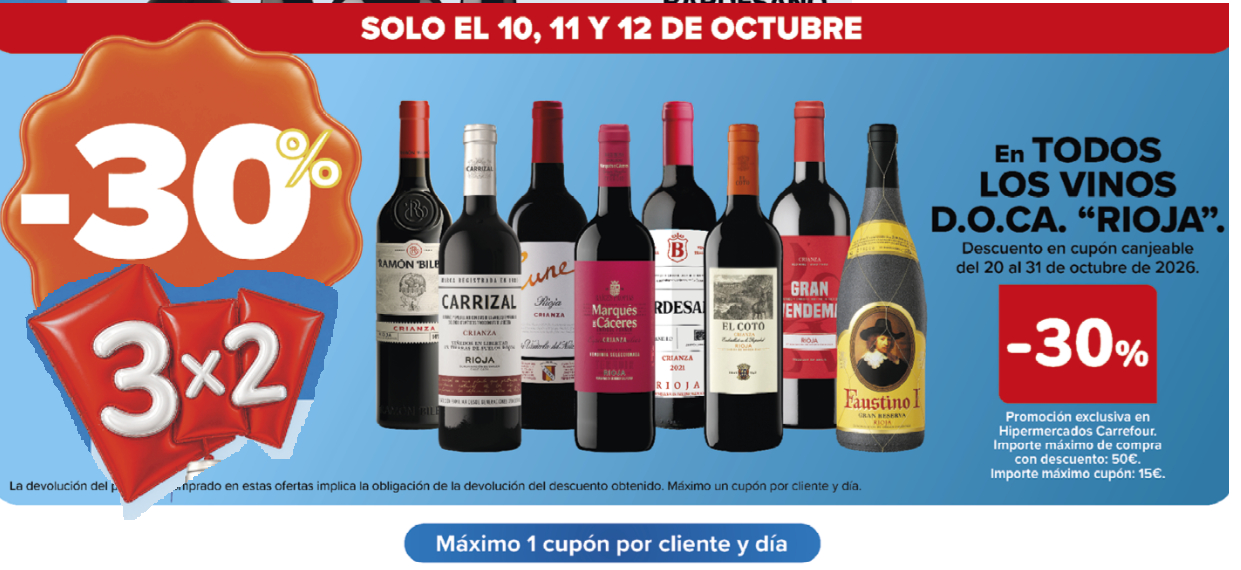 Vinos D.O.Ca Rioja. 3x2 + 30% reembolso en cupón