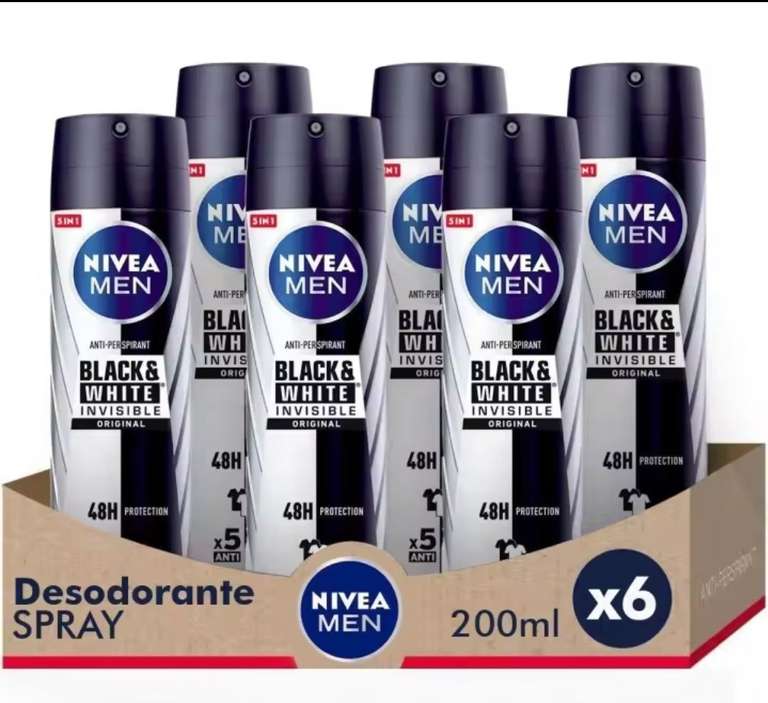 NIVEA MEN Pack ahorro - Black & White Invisible Original Spray Desodorante para hombre 200ml x 6 unidades [ Nuevo Usuario 5,80€]