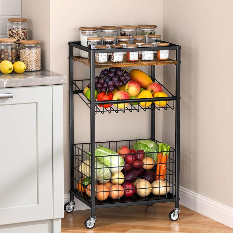 Carro de Cocina con Cesta de Fruta, Almacenaje 3 Niveles con Ruedas (en Negro y en Marrón)