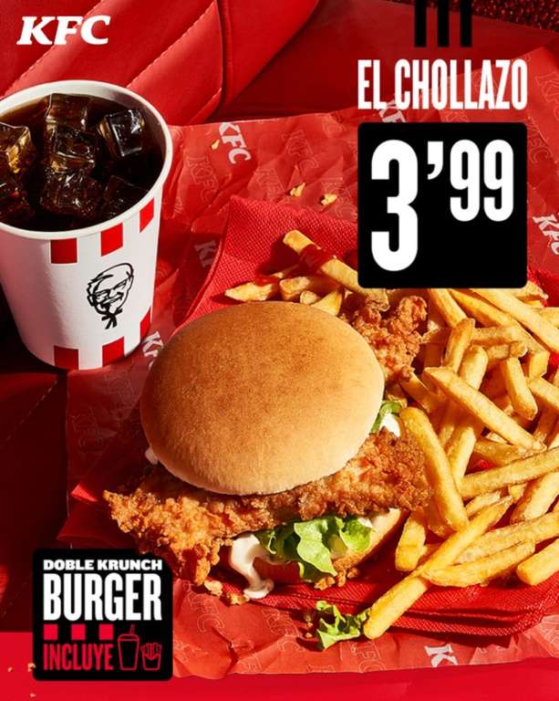 Menú El Chollazo de KFC. Double crunch Burger, patatas pequeñas y bebida