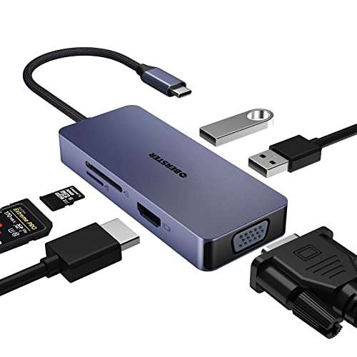 Hub USB C, 6 em 1 USB C adaptador HDMI VGA duplo monitor adaptador USB C com 4k HDMI, VGA, USB A, USB 2.0, leitor de cartões SD/TFmultiporta