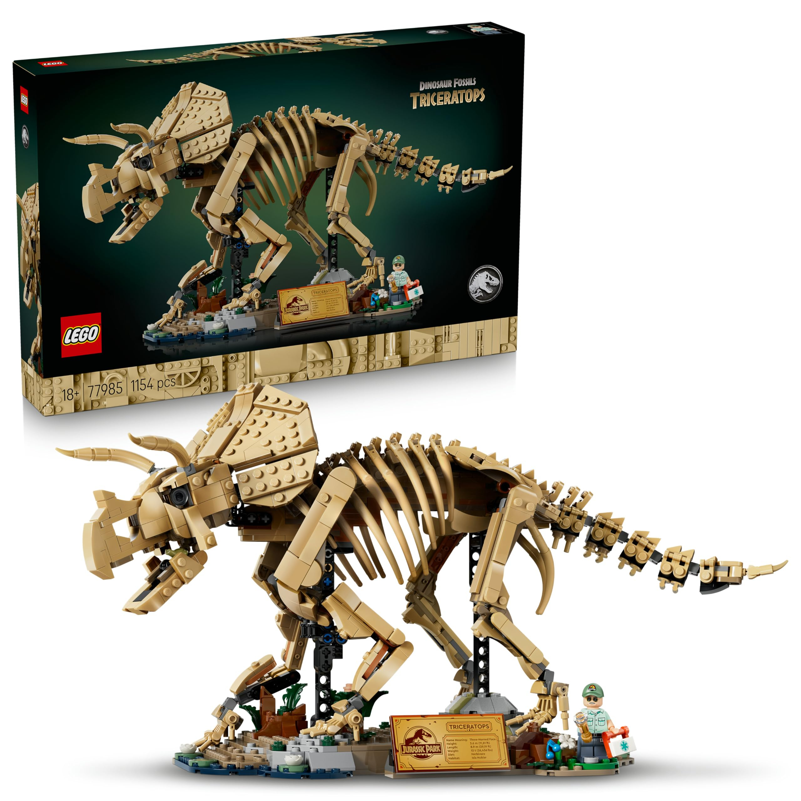 LEGO Jurassic World Fósiles de Dinosaurio: Triceratops - Kit de Maquetas para Adultos con Minifigura de Dr. Gerry