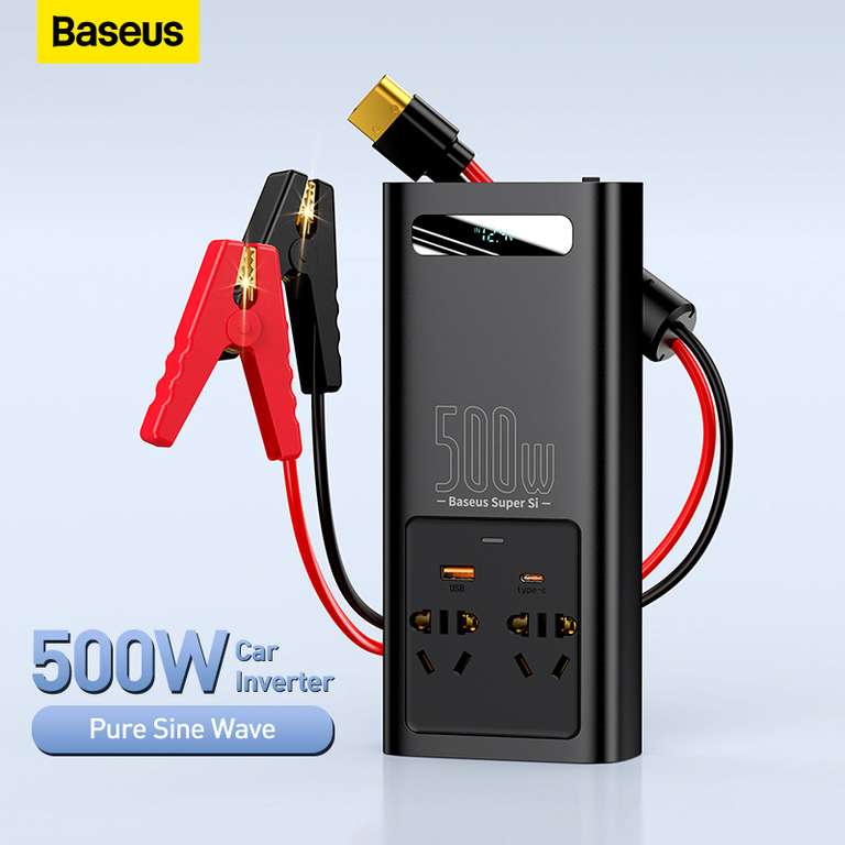 Baseus-inversor de onda sinusoidal pura de 500W, convertidor de corriente de 12V a 220V y 110V, toma de corriente automática para coche